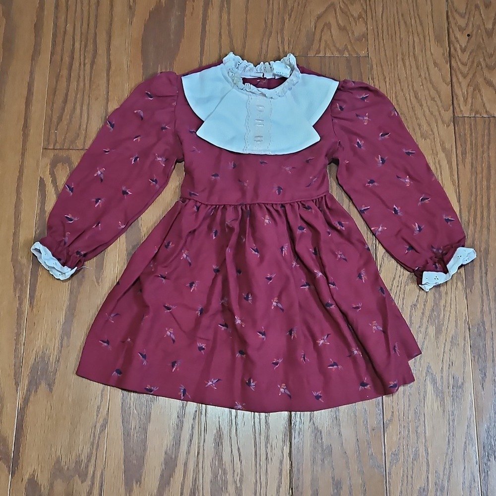Vintage Miss Quality Girls Dress Size 5 Made In USA Red White Birds White Collar